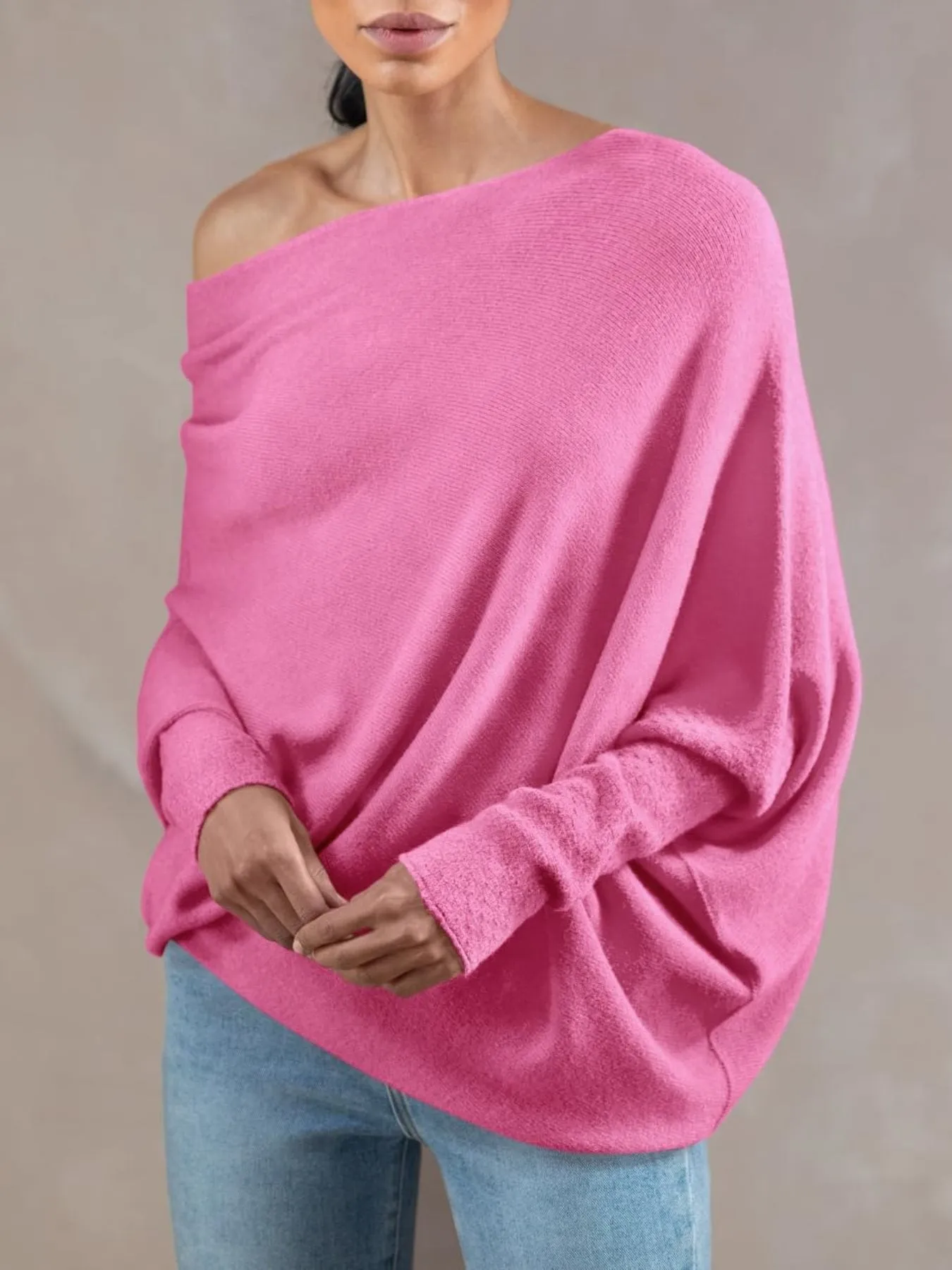 Womens Loose Boat Neck Soft Knit Sweater