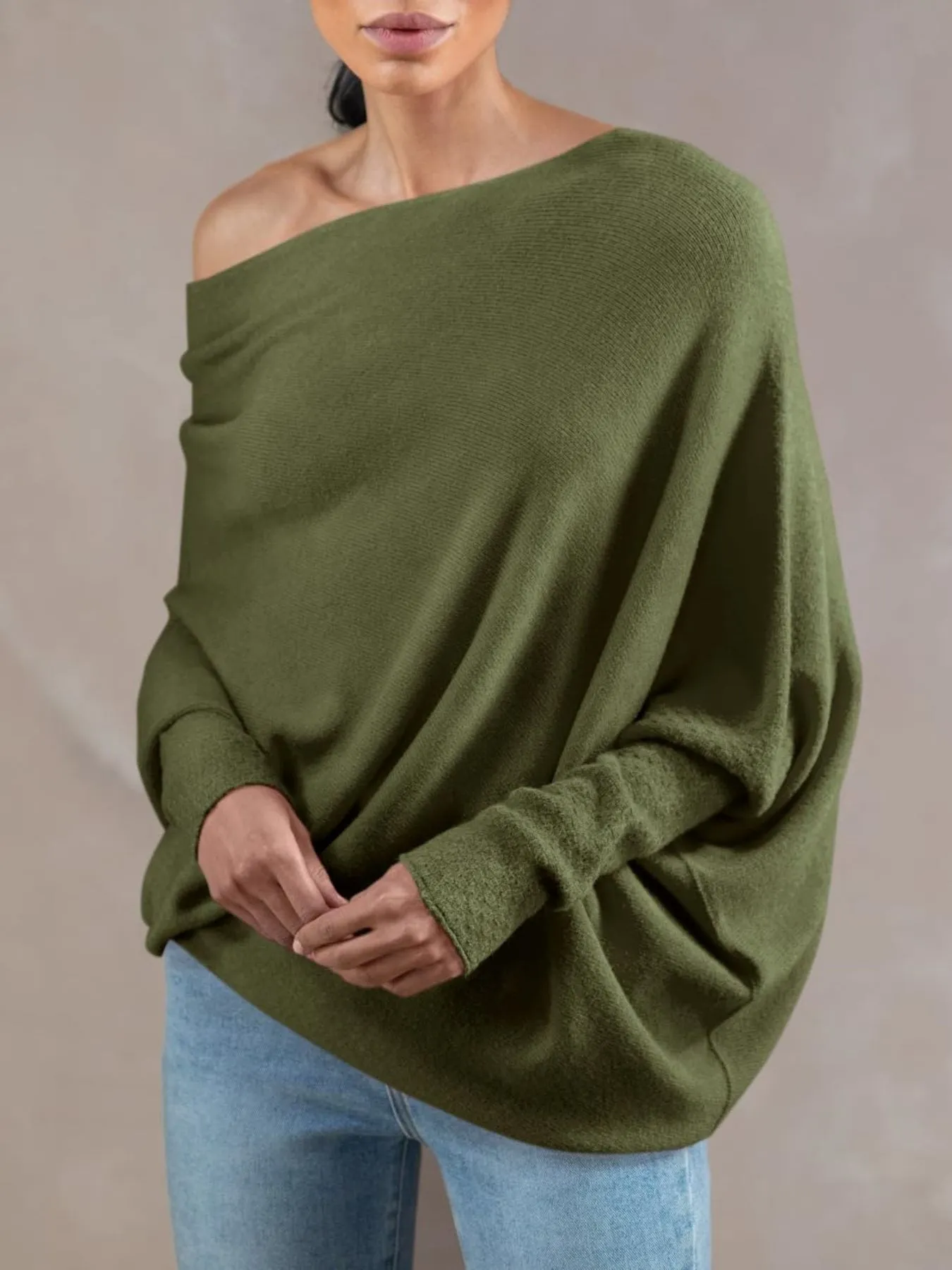 Womens Loose Boat Neck Soft Knit Sweater