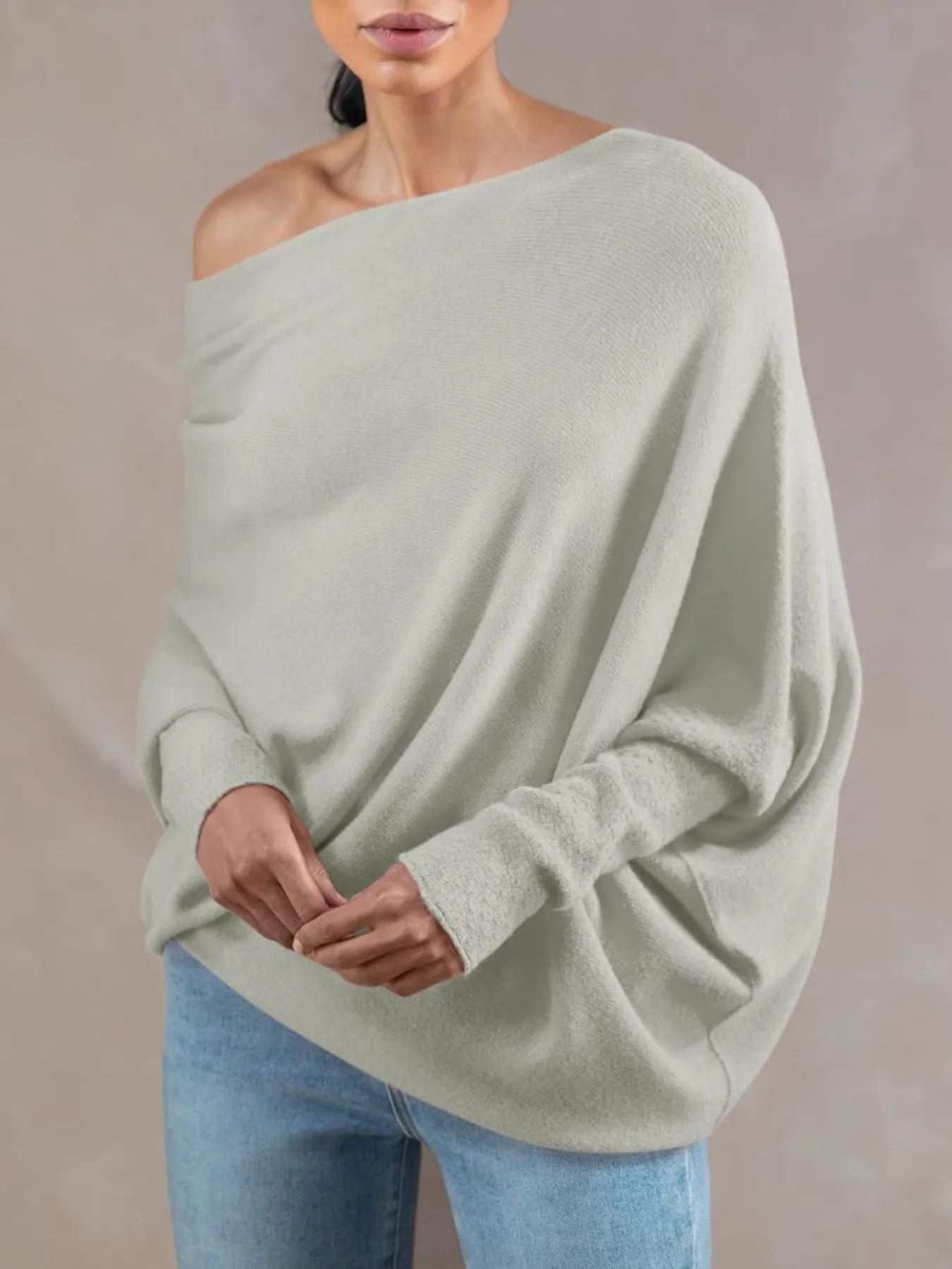 Womens Loose Boat Neck Soft Knit Sweater