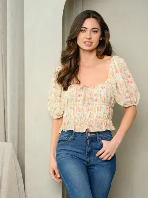 WOMEN'S SHORT PUFF SLEEVE RUCHED CROP TOP