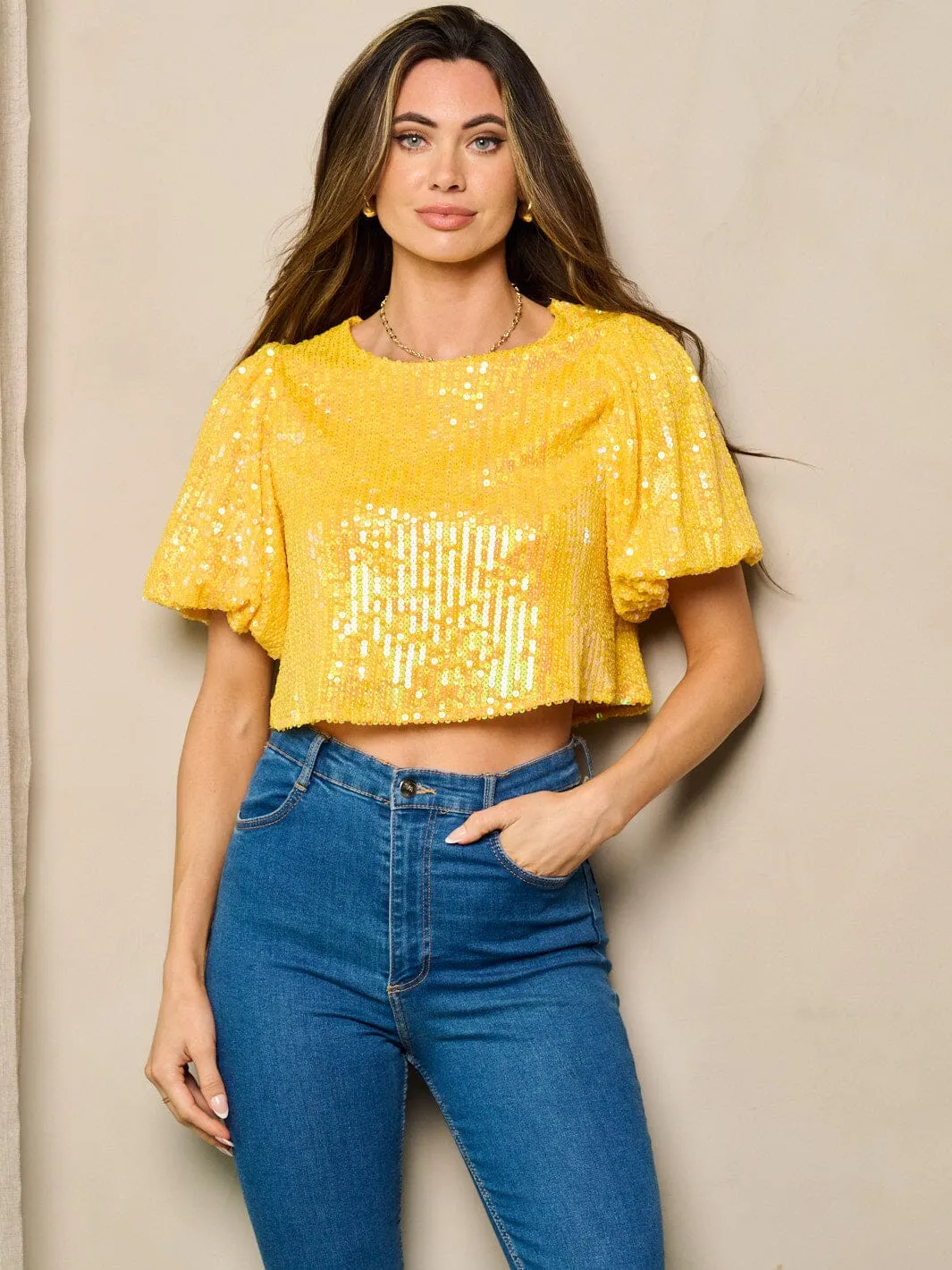 WOMEN'S SHORT PUFF SLEEVE SEQUINS CROP TOP