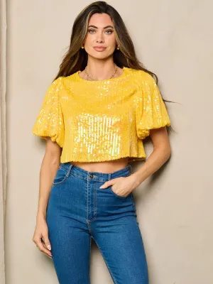WOMEN'S SHORT PUFF SLEEVE SEQUINS CROP TOP
