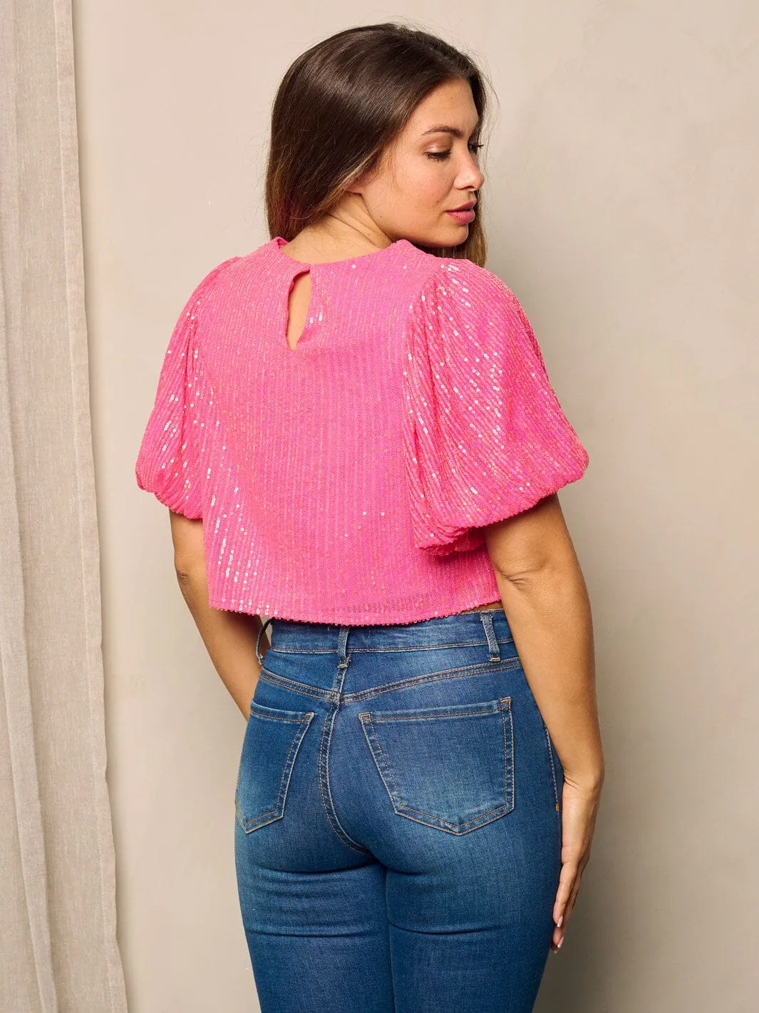WOMEN'S SHORT PUFF SLEEVE SEQUINS CROP TOP