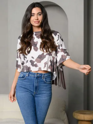 WOMEN'S SHORT SELEEVE ANIMAL PRINT BACK FRINGE TOP