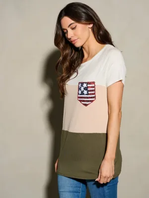 WOMEN'S SHORT SLEEVE COLOR BLOCK POCKET FLAG PATCH TOP