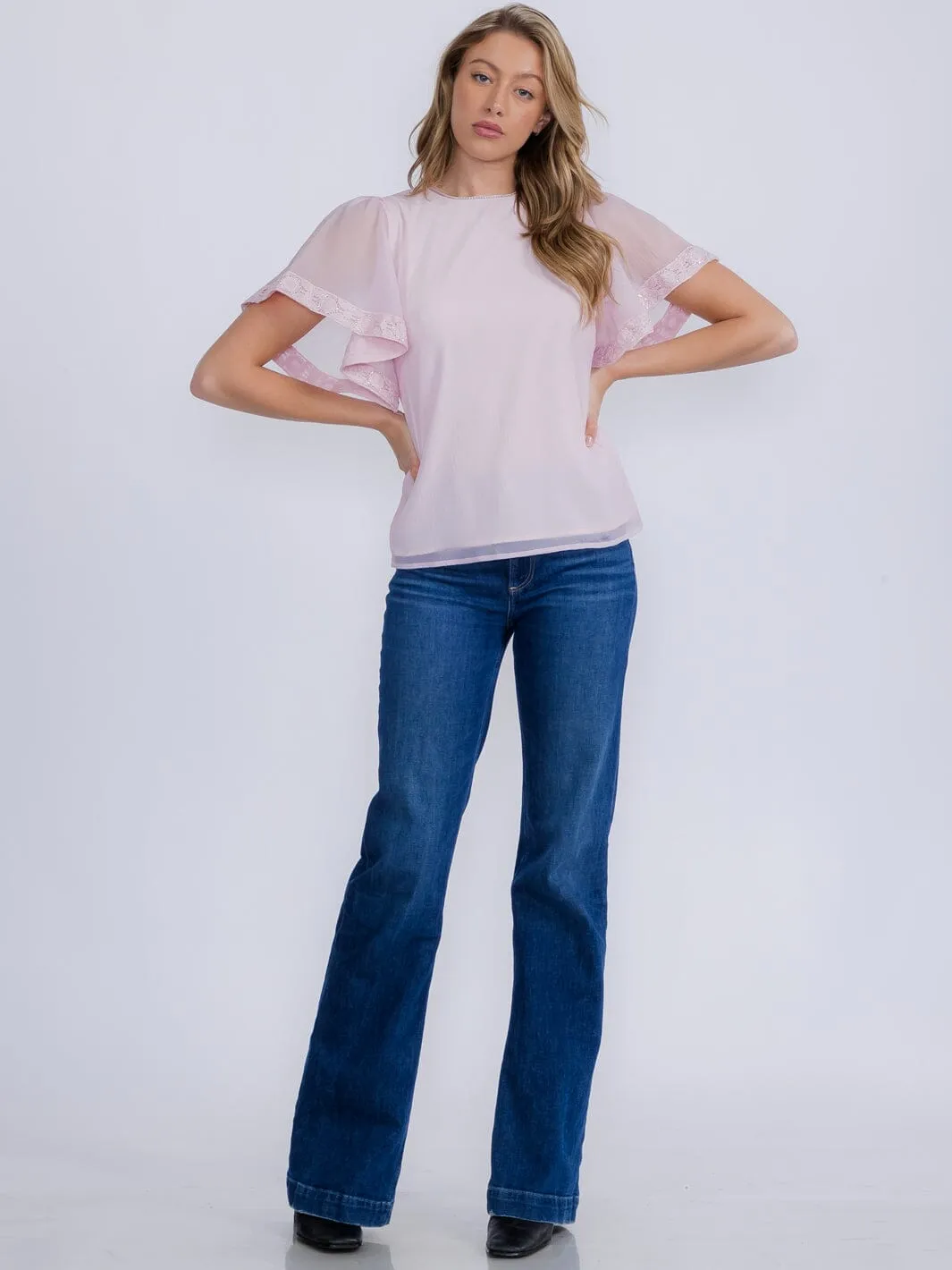 WOMEN'S SHORT SLEEVE TRIM DETAILED  BLOUSE