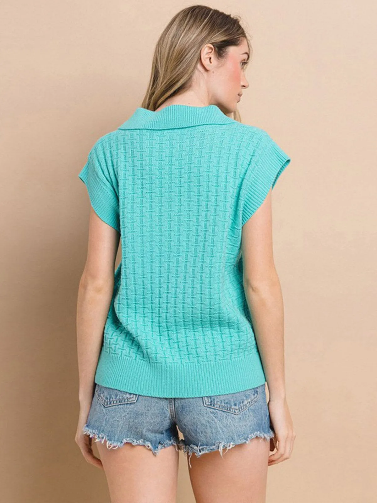WOMEN'S SHORT SLEEVE V-NECK COLLAR KNITTED BLOUSE