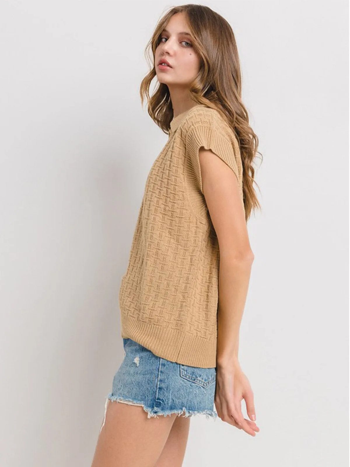 WOMEN'S SHORT SLEEVE V-NECK COLLAR KNITTED BLOUSE