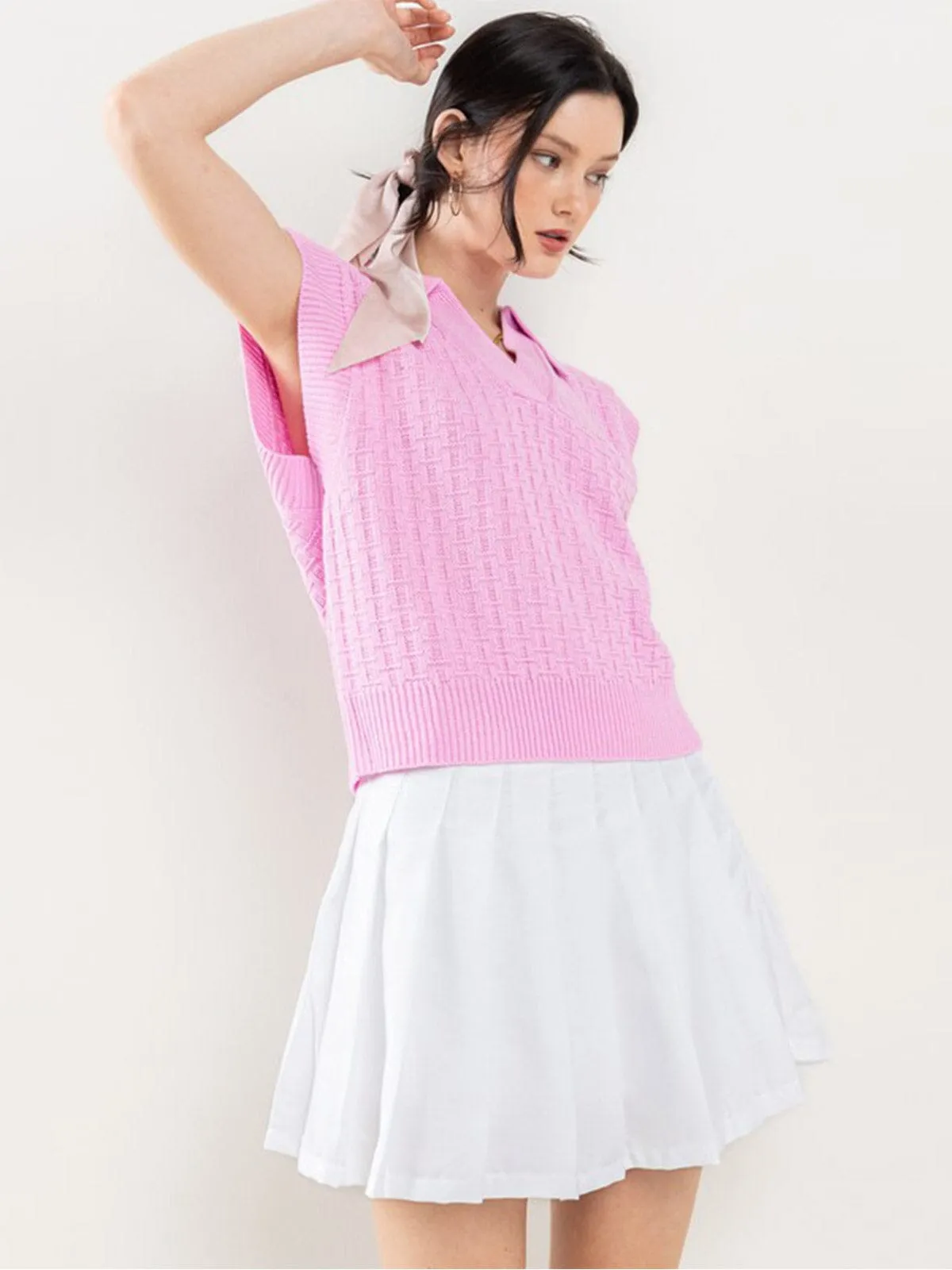 WOMEN'S SHORT SLEEVE V-NECK COLLAR KNITTED BLOUSE
