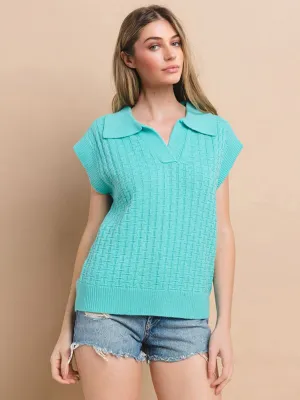 WOMEN'S SHORT SLEEVE V-NECK COLLAR KNITTED BLOUSE