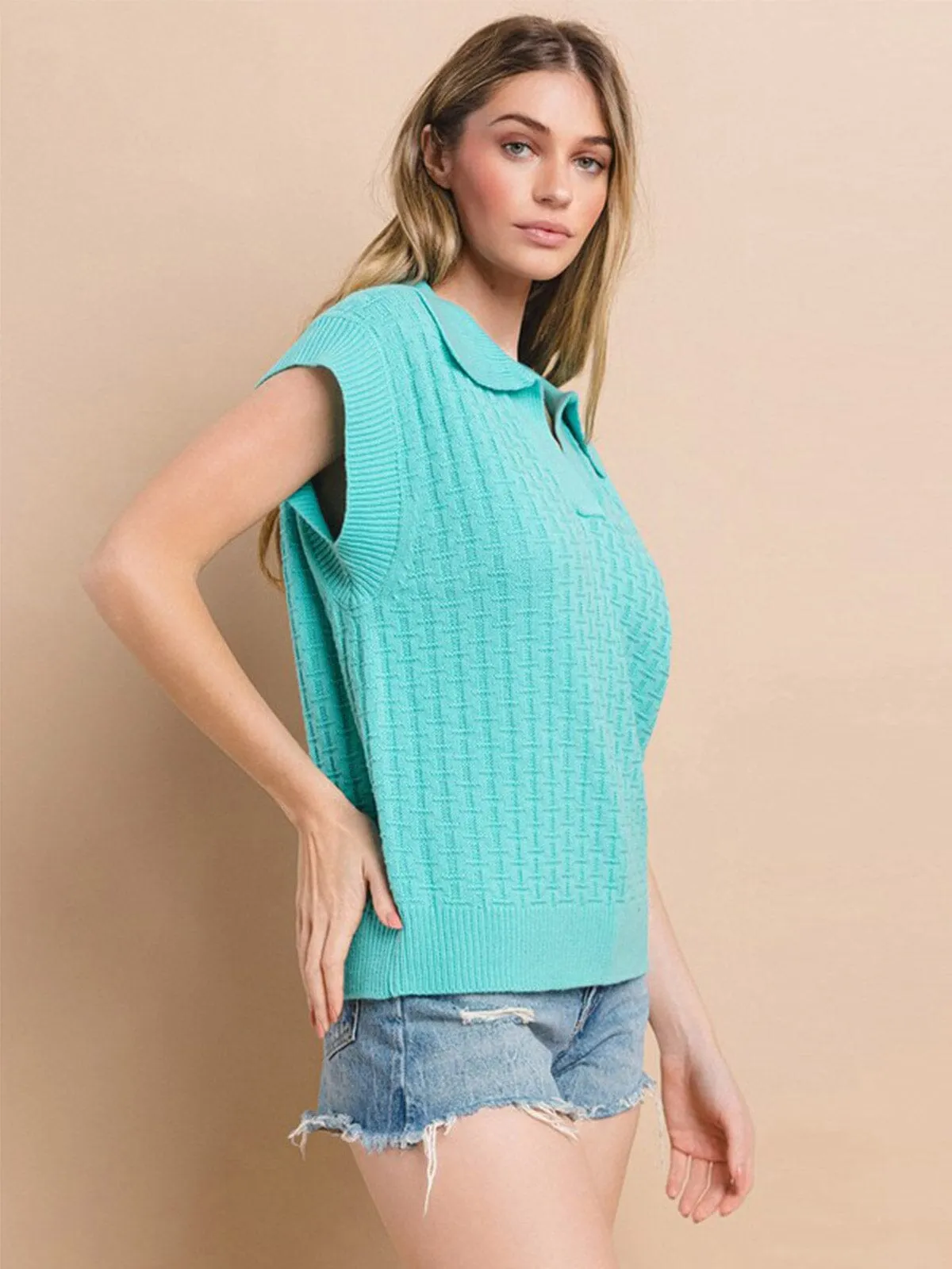 WOMEN'S SHORT SLEEVE V-NECK COLLAR KNITTED BLOUSE