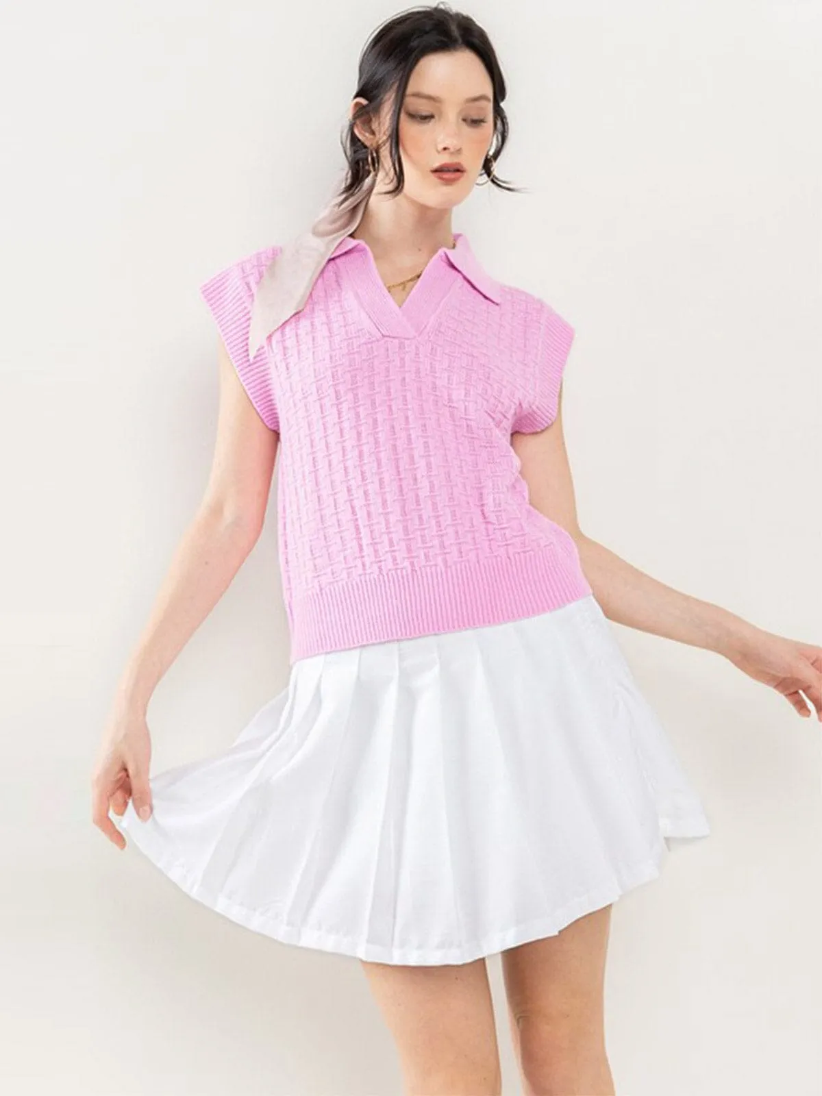 WOMEN'S SHORT SLEEVE V-NECK COLLAR KNITTED BLOUSE
