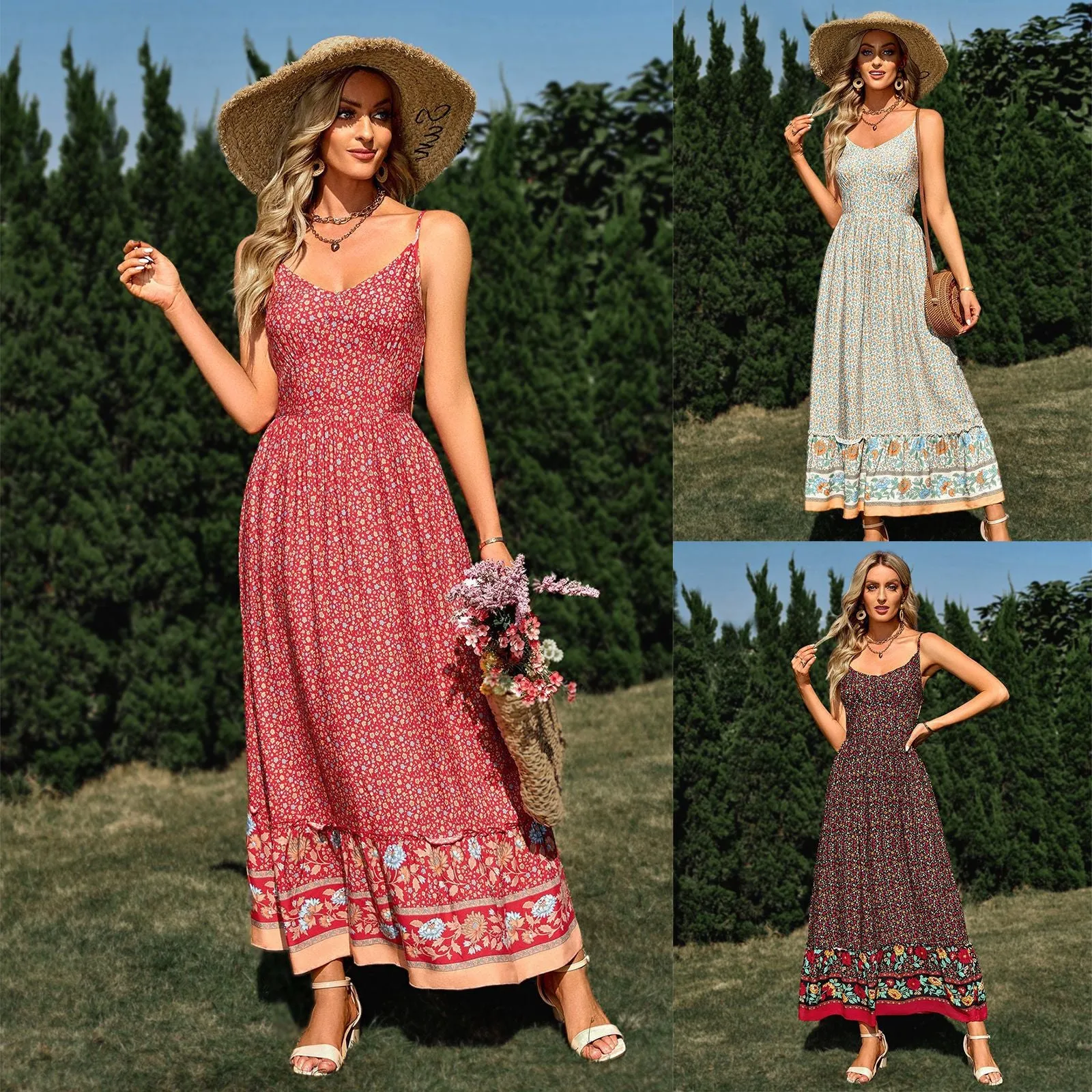 Women’s Spaghetti Strap Patterned Maxi Dress