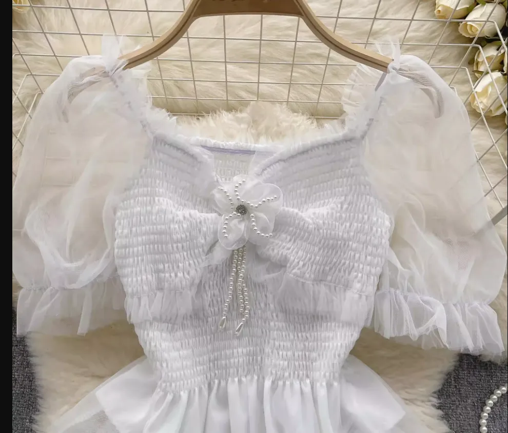 Women's square collar mesh puff sleeve blouses