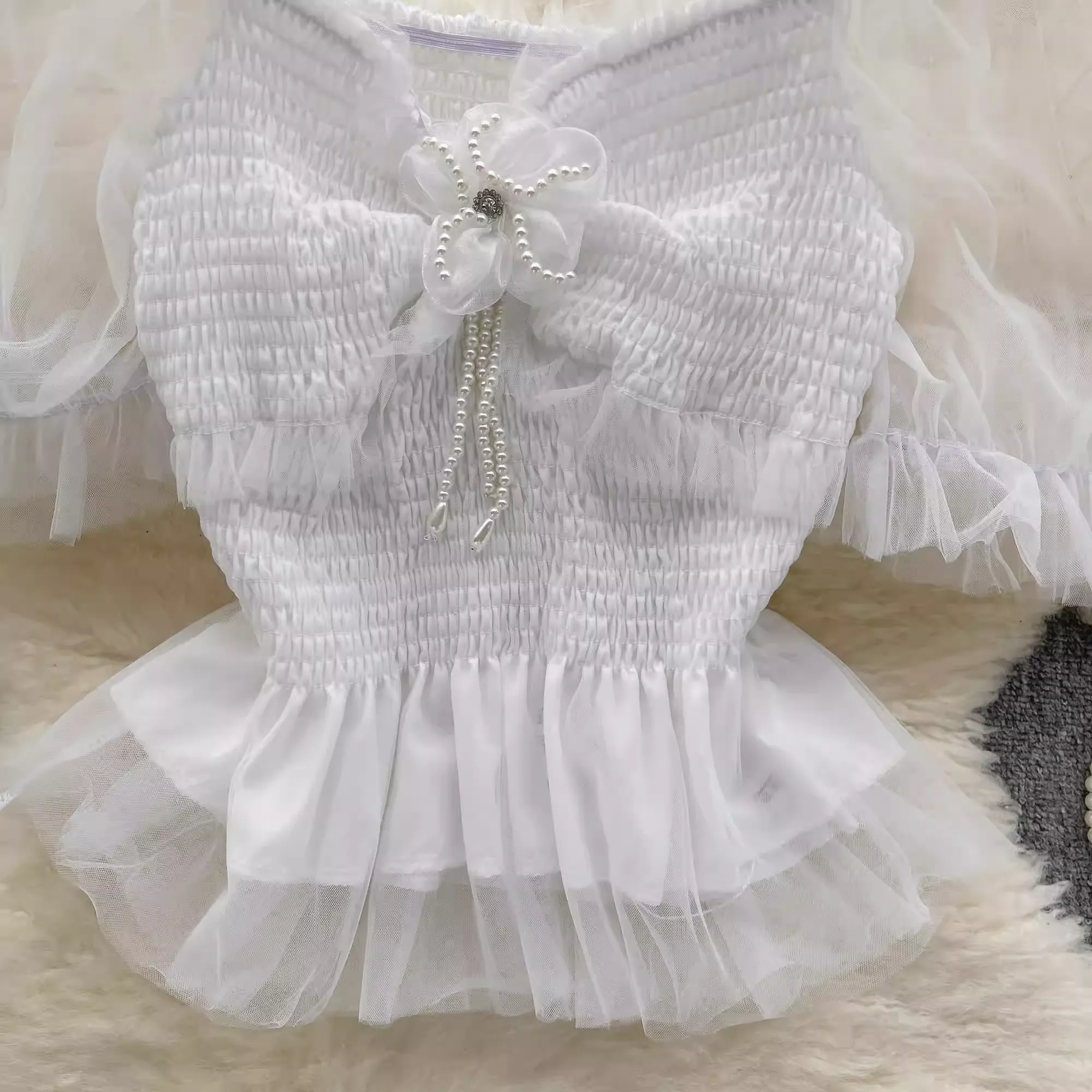 Women's square collar mesh puff sleeve blouses