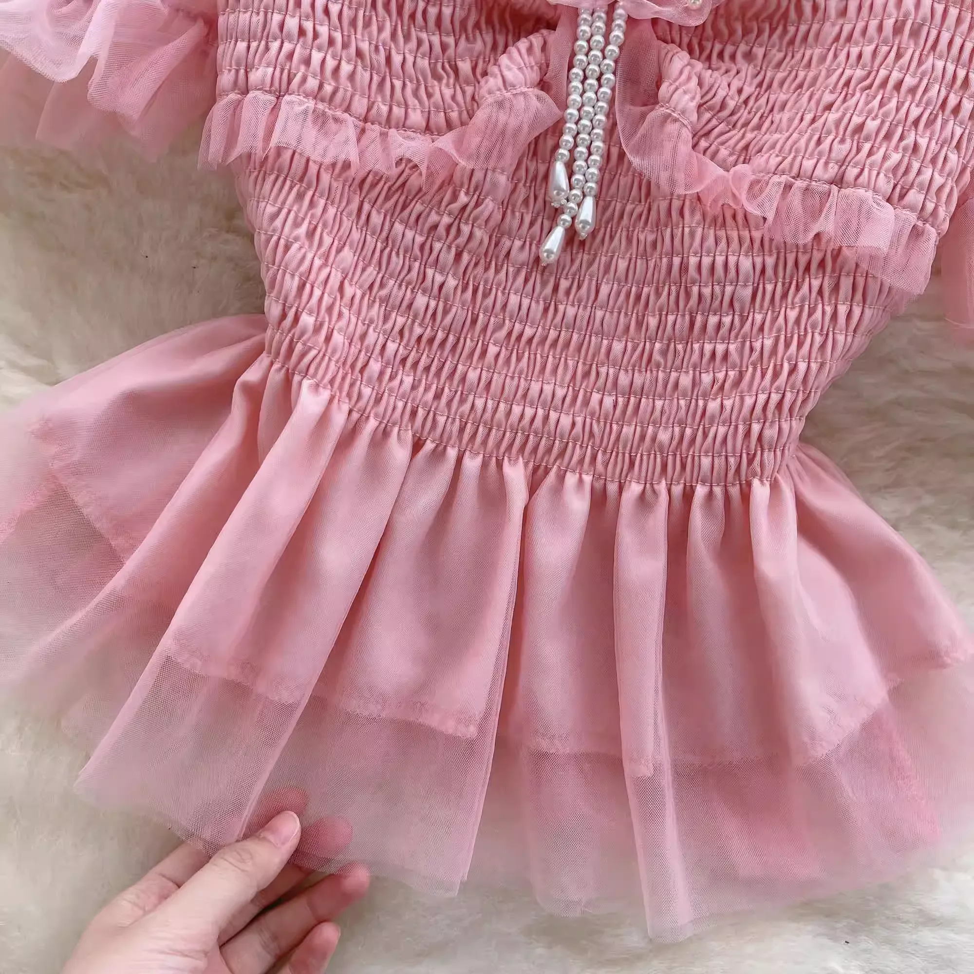 Women's square collar mesh puff sleeve blouses