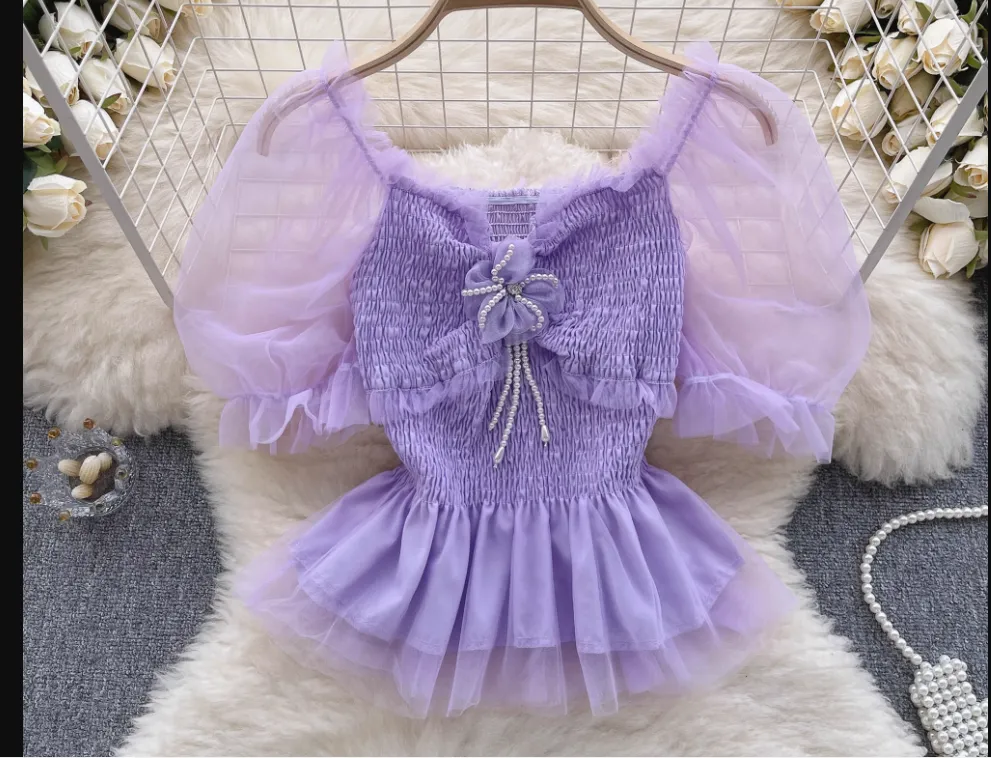 Women's square collar mesh puff sleeve blouses