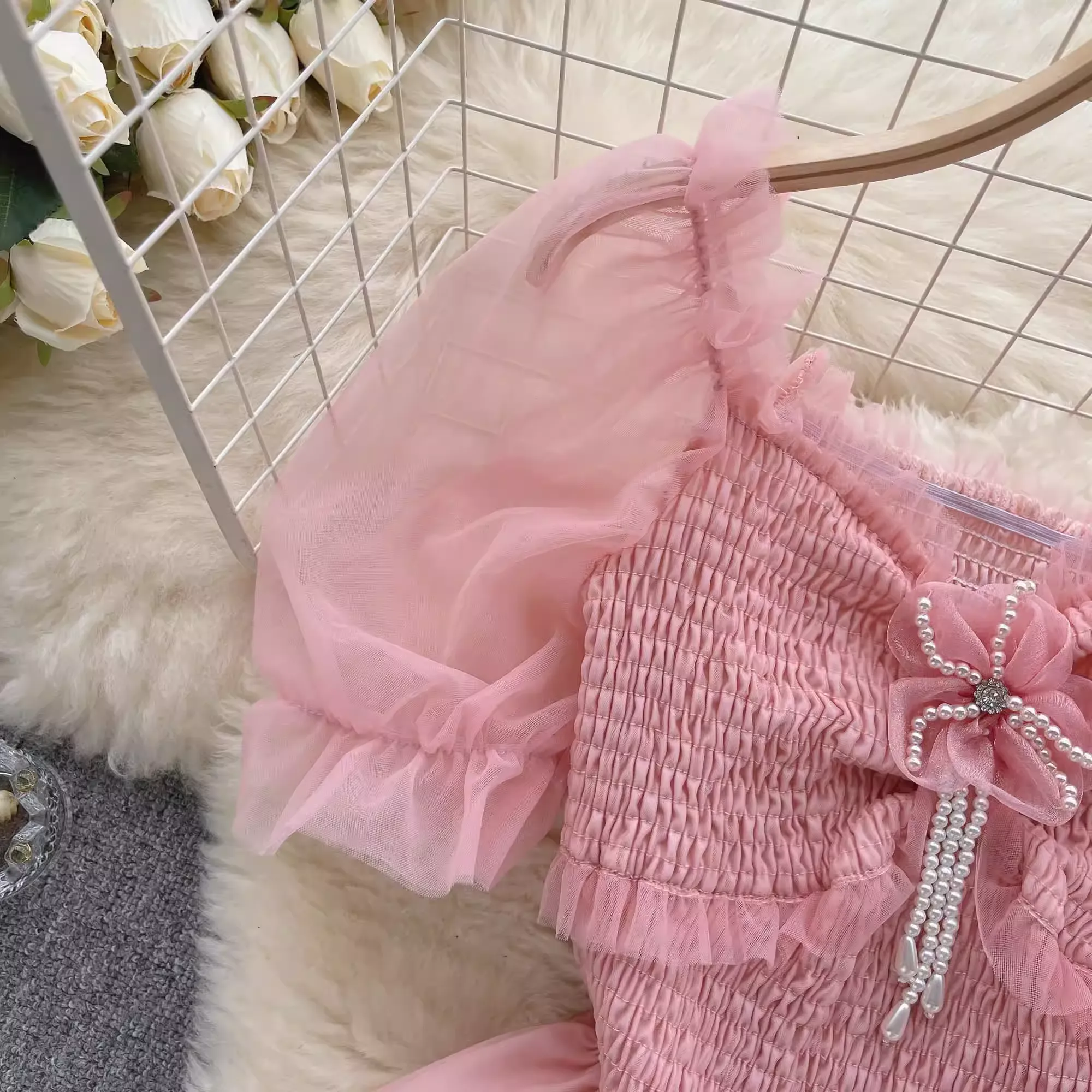 Women's square collar mesh puff sleeve blouses