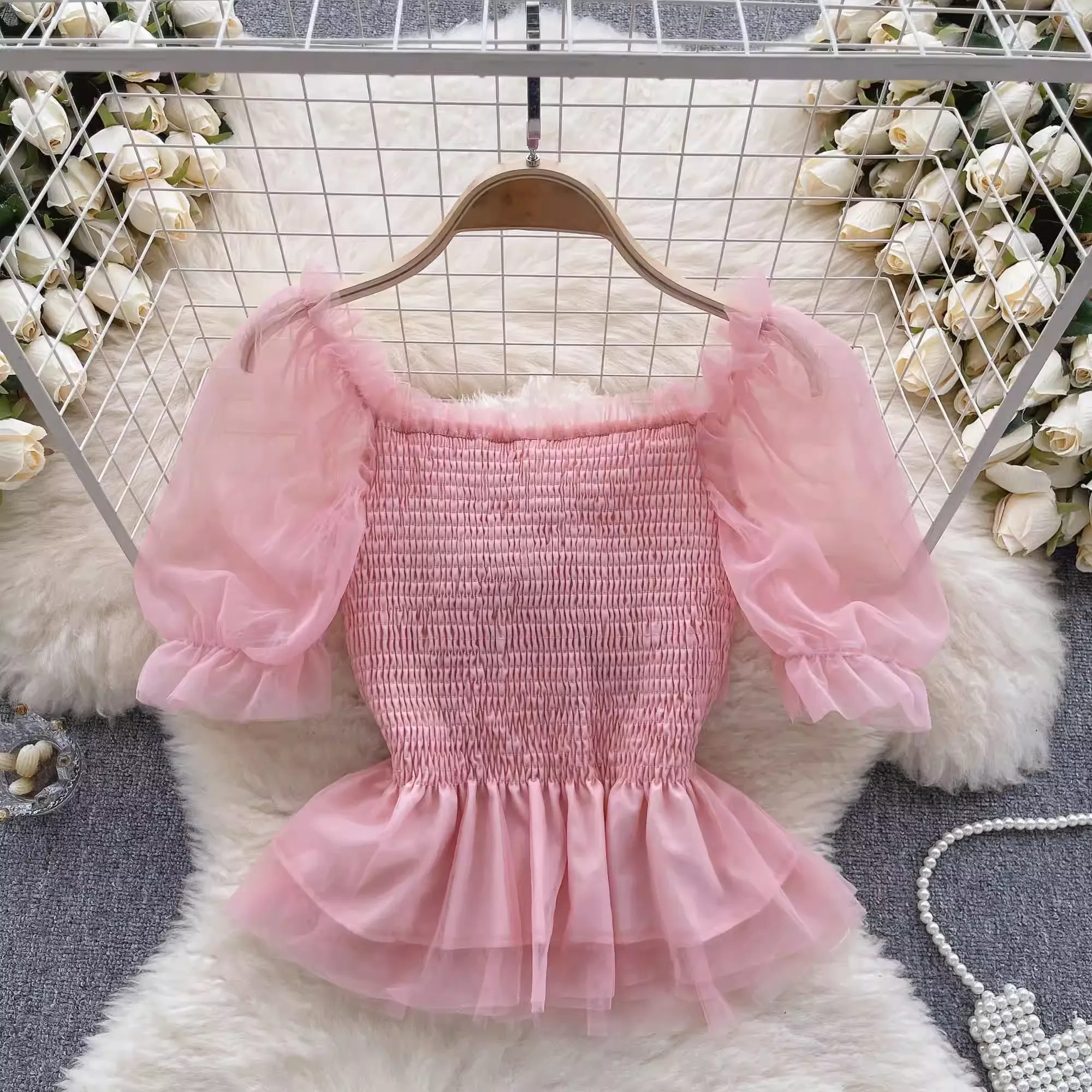 Women's square collar mesh puff sleeve blouses