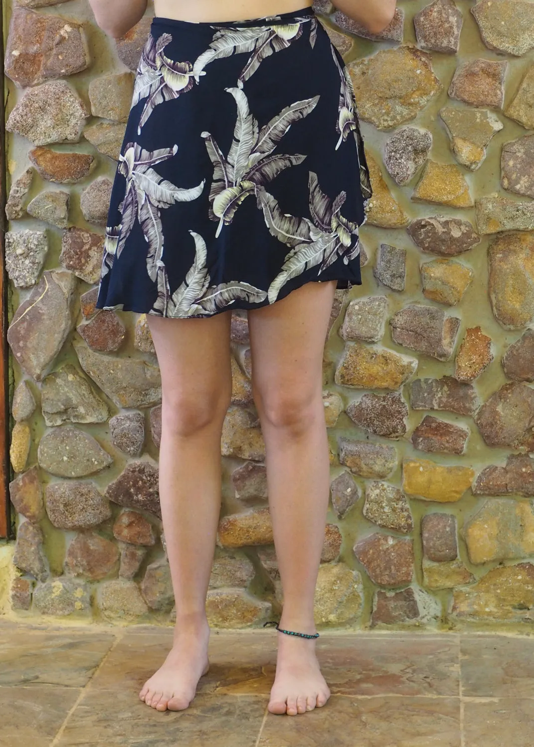 Wrap-Around Mini Skirt - White Ferns on Navy