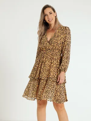 Wrap Smocked Waist Frill Tea Dress - Nude