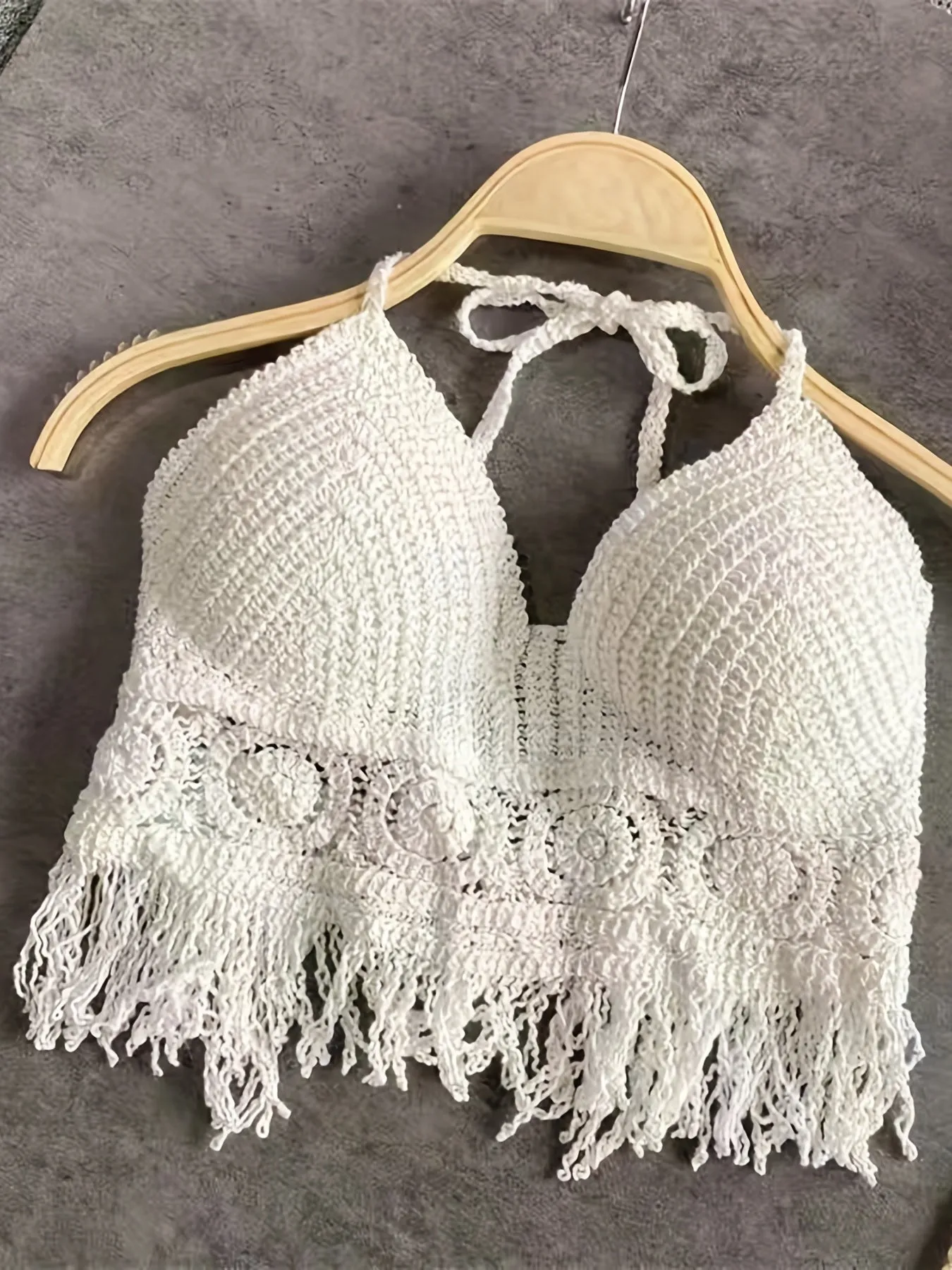 xieyinshe  Bohemia Crochet Hollow Out Fringe Top, Halter Tie Neck Solid Color Backless Tie Back Sexy Boho Style Crop Top For Beach Pool Vacation Music Festival, Women's Swimwear & Clothing