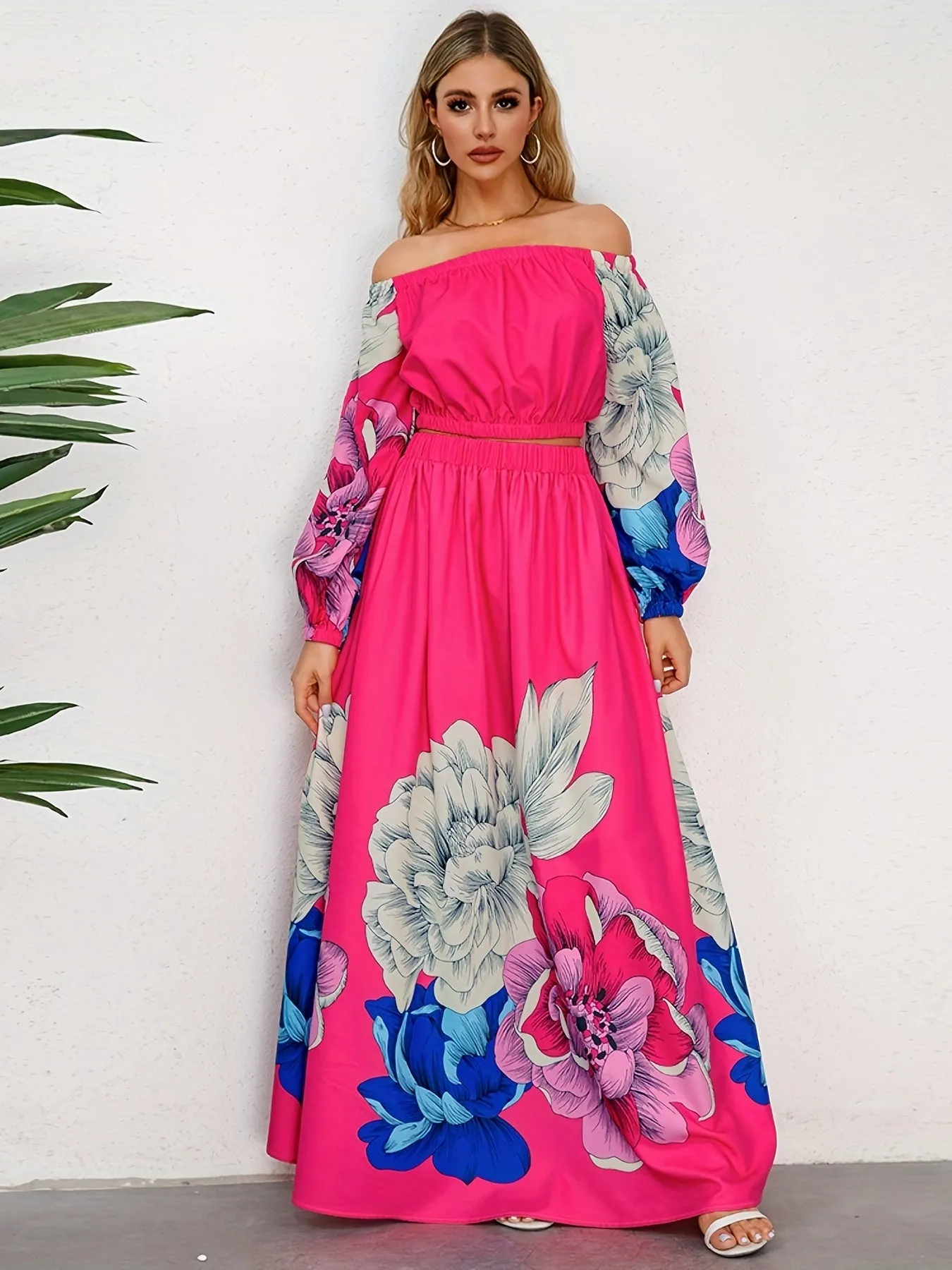 xieyinshe  Vintage Floral Print Two-piece Set, Off Shoulder Long Sleeve Tops & Maxi Skirts Outfits, Women's Clothing
