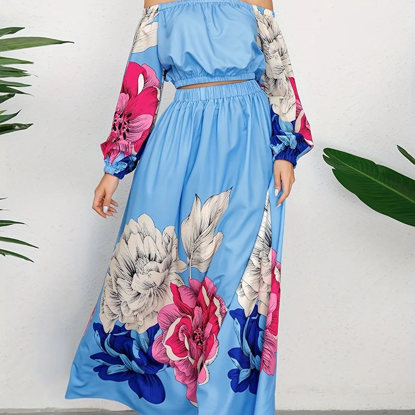 xieyinshe  Vintage Floral Print Two-piece Set, Off Shoulder Long Sleeve Tops & Maxi Skirts Outfits, Women's Clothing