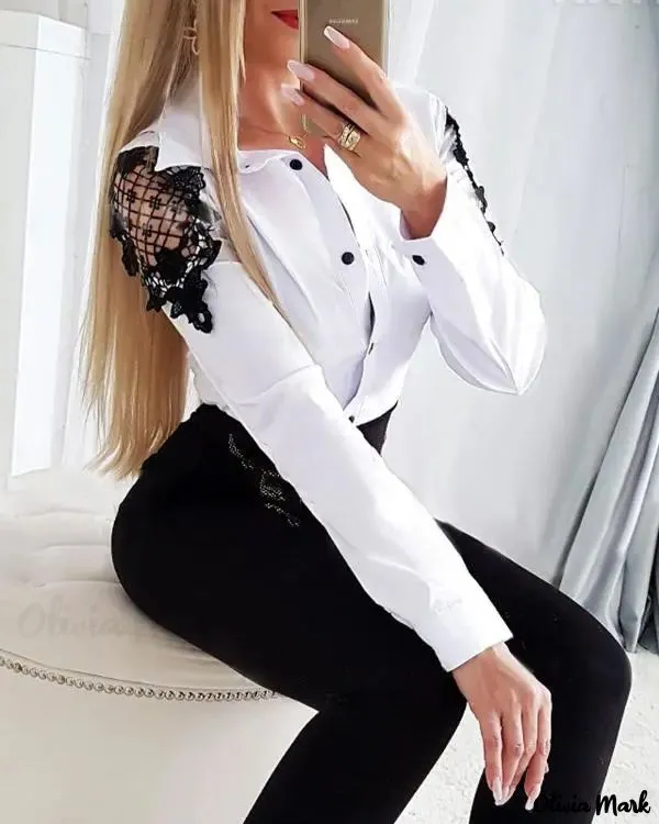 Xieyinshe - Womens Contrast Lace Long Sleeve Button-Up Blouse